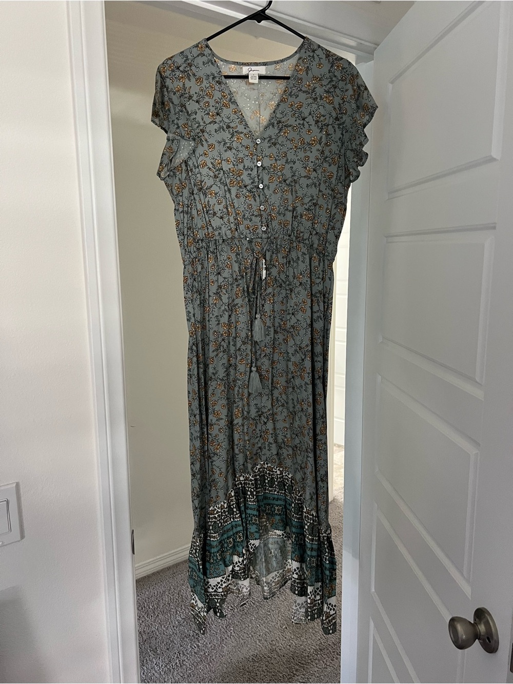Japna Slate Blue Floral Maxi Dress with Gold Accents